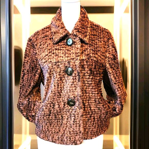 Anthracite Brown Patterned Faux Fur Women Sz 12 Waist Length Blazer Coat Buttons - Picture 1 of 6